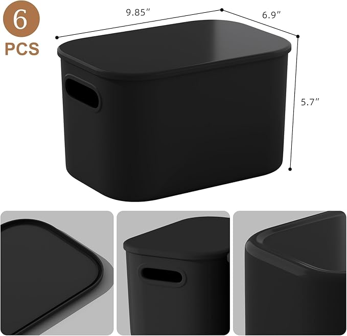 8 Pack Black Storage Bins with Lids Stackable Storage Container for Organizing, Black Storage Boxes with Handle for Shelves, Cute Organizer Bins for Craft, Snacks, 9.85x6.9x5.7 inch