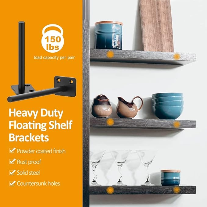 Floating Shelf Brackets, 8 inch Hidden Shelf Brackets Heavy Duty Blind Shelf Support, 150LBS Load Capacity, 6 Pack Floating Shelf Hardware for DIY Wood Wall Floating Shelves