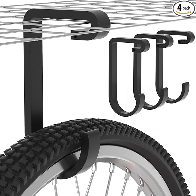 Thickened Bike Hooks for Garage Ceiling Rack: Heavy Duty Overhead Storage Rack Hook for Bicycle, Hold 50 lb, Safe Rack Bike Hanger, Metal, 4 Pack