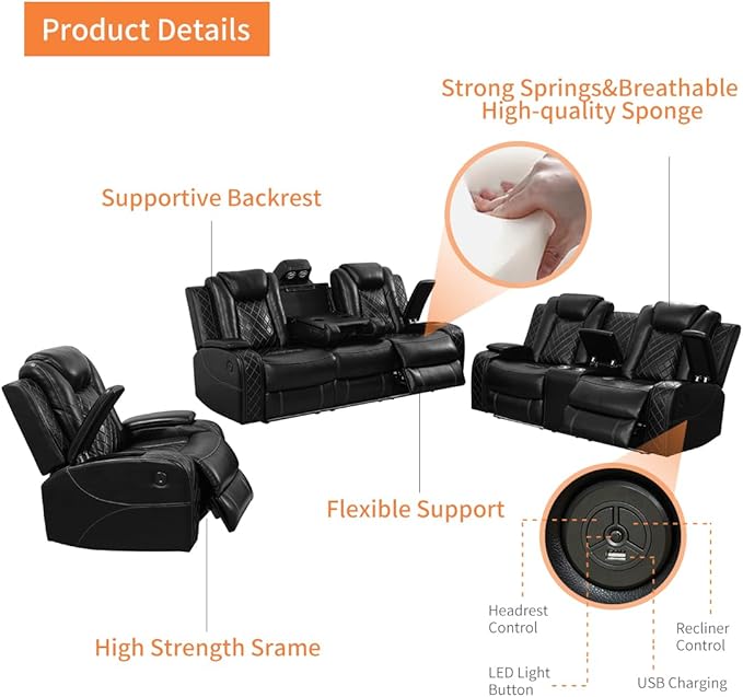 Power Recliner Chair, Living Room Furniture Sets with LED, Modern Single Reclining Chair with Adjustable Footrests,Leather Reclining Couches, Recliner Furniture for RV/Apt/Bedroom/Meeting Room