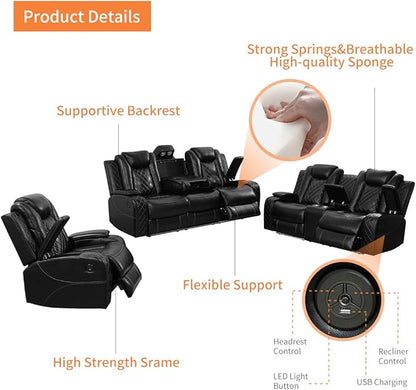 Power Recliner Sofa Set with LED, Leather Reclining Sofa Set Living Room Furniture Set, 2PCS Recliner Loveseat & Chair Sets with Smart Charging Pad,Cup Holders for Home/Office