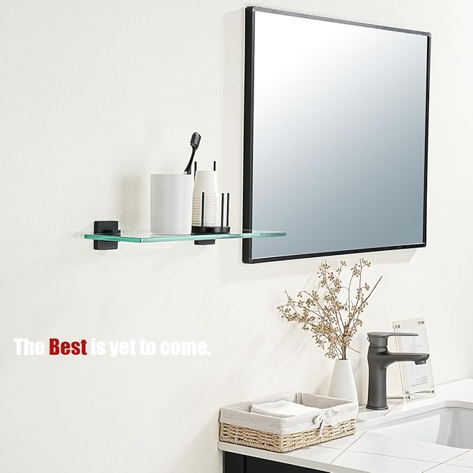 JQK Bathroom Glass Shelf Black, Tempered Glass Shower Storage 16 by 5 inches, 304 Stainless Steel Matte Black Wall Mount, TGS201L16-PB