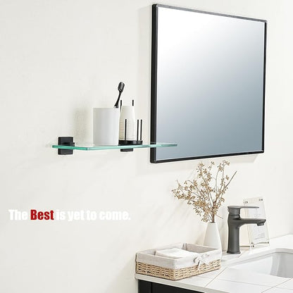 JQK Bathroom Glass Shelf Black, Tempered Glass Shower Storage 16 by 5 inches, 304 Stainless Steel Matte Black Wall Mount 2 Pack, TGS201L16-PB-P2