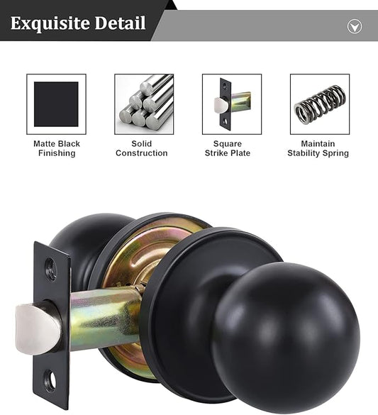 Lanwandeng (2 Pack) Matte Black Passage Keyless Door Knobs for Closet/Hall/Conference Room, Round Ball Interior Door Handles