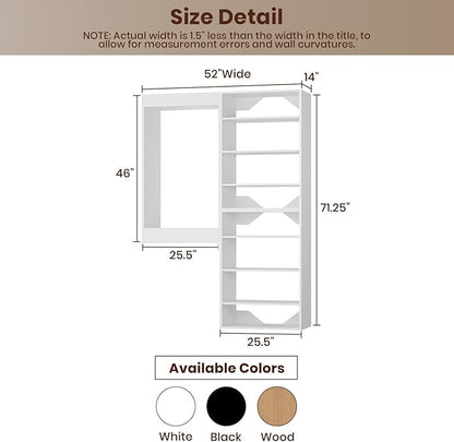 ROOMTEC Modular Closet System, 52" Wall-Mounted Closet Organizer with Hanging Rods and Shelves, Wooden Tower for Walk-In Closets, Wardrobe Storage Kit, White
