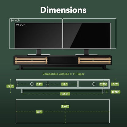 Dual Monitor Stand Riser with Sliding Door, Double Computer Laptop Stand Desk Shelf Organizer with Storage (Black + Natural Bamboo, 38 Inch)