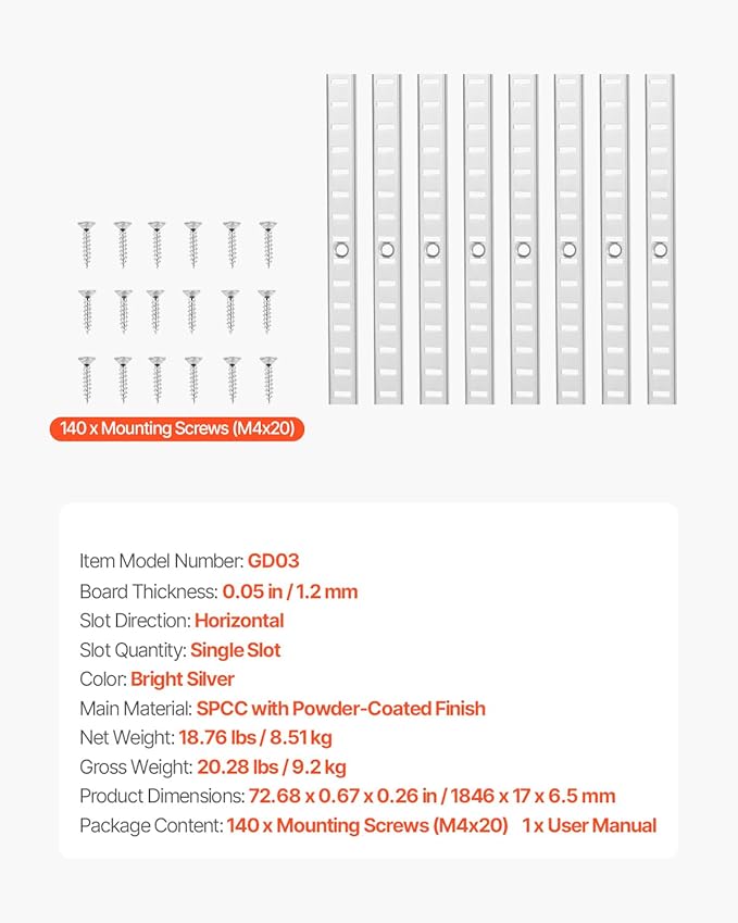VEVOR Shelf Pilaster, 72.7-inch 20 Pack, Adjustable Shelf Brackets Steel Mortise Mount Pilaster Strip Standards with 140 Screws, Suitable for Wall Shelving System Cabinet Closet Organization