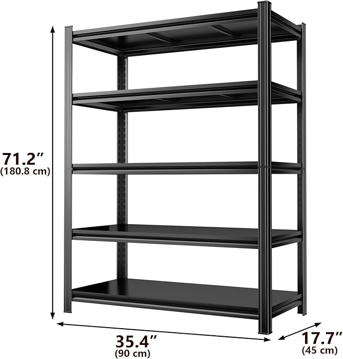 Metal Garage Shelving Unit 5-Tier Adjustable Heavy Duty Storage Shelves, 3000 lbs Capacity Steel Garage Storage Rack Organizer for Garage Basement Warehouse, Black 35.4" W x 17.7" D x 71.2" H