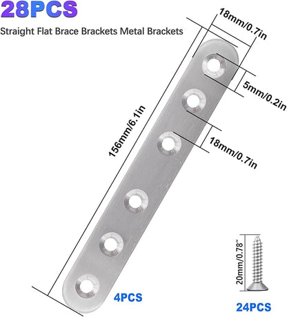 mxuteuk 28PCS Stainless Steel Straight Flat Brackets, Metal Brackets for Wood (6.1x0.78inch, 156x20mm)