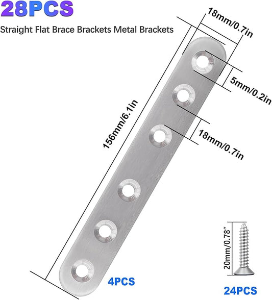 mxuteuk 28PCS Stainless Steel Straight Flat Brackets, Metal Brackets for Wood (6.1x0.78inch, 156x20mm)