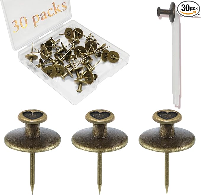 30 PCS Push Pins Picture Hanger Hooks, Double Headed Nails Push Pin Thumbtacks for Wall Hangings Picture, Decorative Small Hook Pins for Drywall Cork Board Home Office Photo Decorations (Bronze)