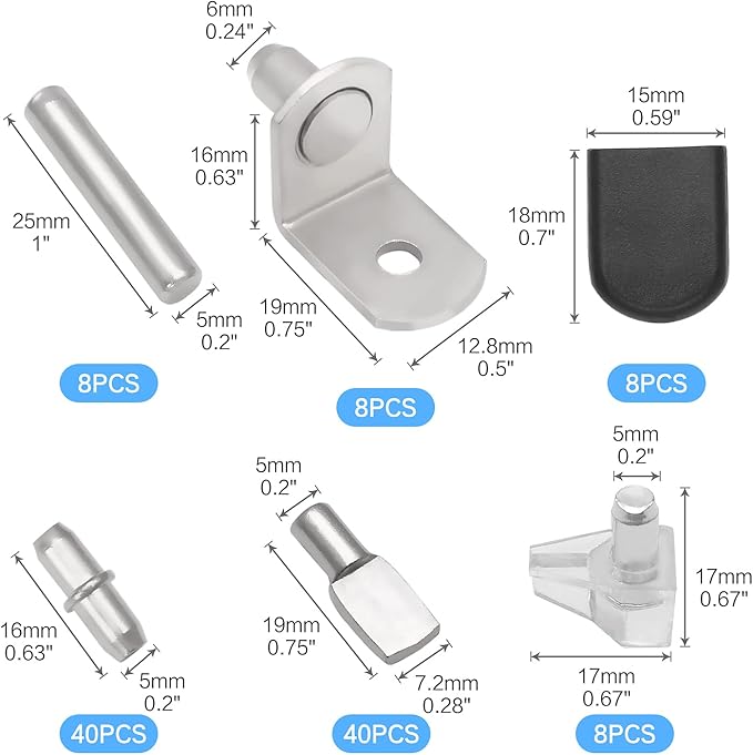 112 Pcs 5 Styles Shelf Nail kit, Metal Nickel Plated Shelf Support pin, Silicone Cover, Suitable for Kitchen Cabinet, Bookcase Support pin and pin