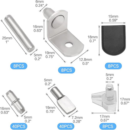 112 Pcs 5 Styles Shelf Nail kit, Metal Nickel Plated Shelf Support pin, Silicone Cover, Suitable for Kitchen Cabinet, Bookcase Support pin and pin