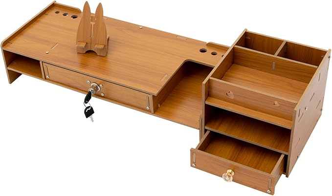 Wood Computer Monitor Stand for Desk Monitor Riser with Drawers & Lock Monitor Stand Organizer Desk Storage Shelf Office Desk Accessories for PC, Laptop, Printer (Wood, 4.13'' H)