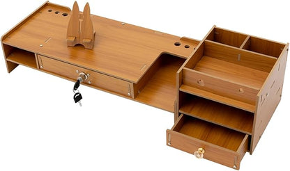 Wood Computer Monitor Stand for Desk Monitor Riser with Drawers & Lock Monitor Stand Organizer Desk Storage Shelf Office Desk Accessories for PC, Laptop, Printer (Wood, 4.13'' H)