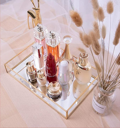 Sooyee Rectangle Mirror Decorative Tray, Gold can Hold Perfume, Jewelry, Cosmetics, Makeup, Magazine and More, for Vanity,Dresser,Bathroom,Bedroom(12”x8”)