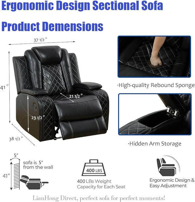 Power Recliner Sofa Set, Power Sectional Sofa for Living Room, Black Breathing Leather Sectional Couch, Loveseat and Chair Sets with LED, USB Charging, Cup Holders, Storage for House/Office