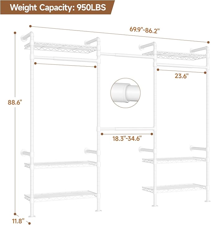 P3 Industrial Pipe Closet System, Wall Mounted Garment Racks with 4 Telescopic Rods & 6 Mesh Shelves, Heavy Duty Clothing Clothes Rack for Walk-in Closets (White)