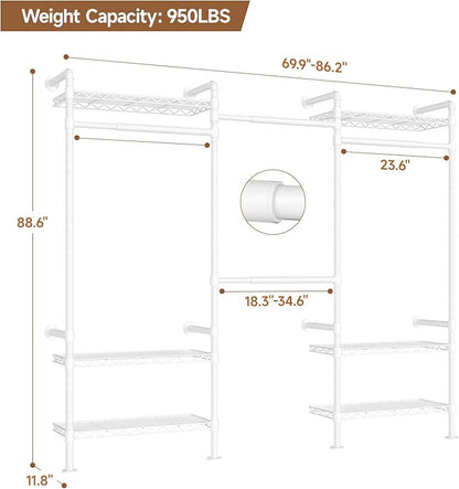 P3 Industrial Pipe Closet System, Wall Mounted Garment Racks with 4 Telescopic Rods & 6 Mesh Shelves, Heavy Duty Clothing Clothes Rack for Walk-in Closets (White)