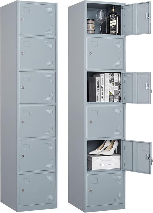 Metal Locker with 6 Doors, 71" Lockers for Employees Steel Storage Locker, Lockable Locker Cabinet for School, Gym, Home Office and Garage（Grey）