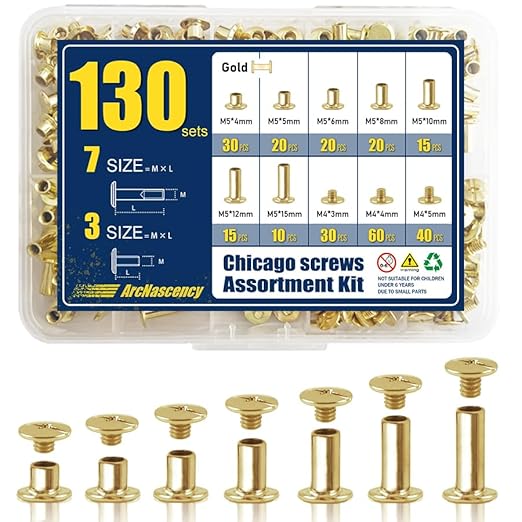 130 Sets Gold Chicago Screws Leather Rivets Kit, 7 Sizes (M5*4,5,6,8,10,12,15) & 3 Screw Lengths (M4*3,4,5) for Belts, Bookbinding, DIY Leather (Gold)