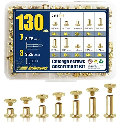 130 Sets Gold Chicago Screws Leather Rivets Kit, 7 Sizes (M5*4,5,6,8,10,12,15) & 3 Screw Lengths (M4*3,4,5) for Belts, Bookbinding, DIY Leather (Gold)