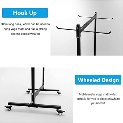 YTLEMON Yoga Mat Holder Hanging, Floor Rolling Yoga Mat cart, Large Capacity Storage Rack, with Includes hole punch, Metal square tube storage shelf for Home Gym, Fitness Club,Yoga Studio (Black)