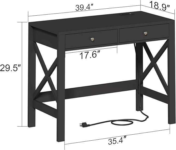 ChooChoo Computer Desk with USB Charging Ports and Power Outlets, Modern Simple 40 Inches Desk with Drawers, Makeup Vanity Console Table, Black