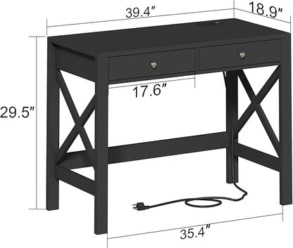 ChooChoo Computer Desk with USB Charging Ports and Power Outlets, Modern Simple 40 Inches Desk with Drawers, Makeup Vanity Console Table, Black