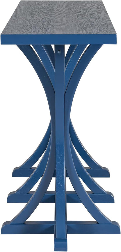 59.8" Wooden Console Table with Oak Veneer Top,Farmhouse Entryway Table with Rubber Wood Slender Curved Legs,Perfect for Living Room,Entryway,Hallway,Navy Blue