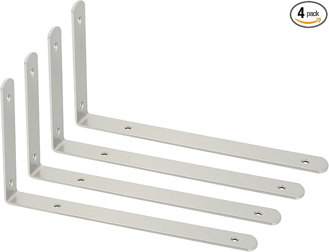 Alise Floating Shelf Brackets,L Brackets for Shelves Heavy Duty Wall Bracket Corner Brace Stainless Steel Joint Angle Brackets for Wooden Board Shelves,Brushed,12x6.3x1.2 Inch Upgraded(Pack of 4)