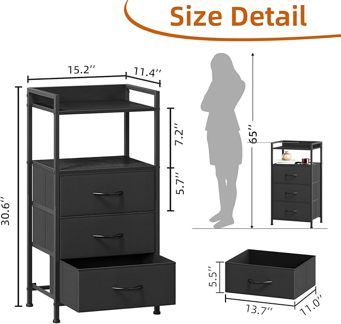 Somdot Nightstand with 3 Drawers, Dresser with Fabric Bins for Bedroom, Hallway, Entryway, Nightstand Bedside Table Furniture, Sturdy Steel Frame, Wooden Top, Easy Pull Fabric Bins, Black