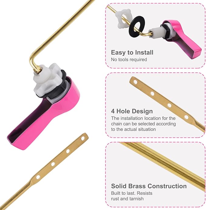 Hibbent Universal Metal Front Mount Toilet Handle Replacement Kit, Brass Toilet Flush Tank Lever with Stainless Steel Flapper Chains for Most Toilets, Pink