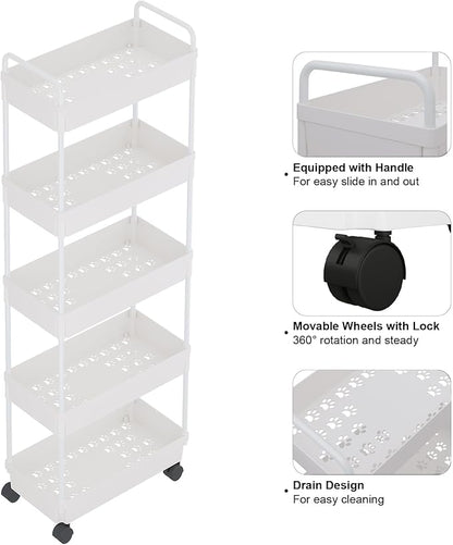 Buzowruil Rolling Storage Cart 5 Tier Organizer Mobile Shelving Unit Storage Rolling Utility Cart with Wheels for Kitchen Bathroom Laundry,White