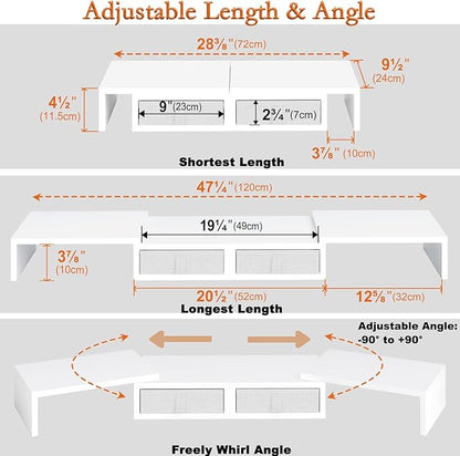 TEAMIX Dual Monitor Stand Riser - Length and Angle Adjustable White Monitor Stand with 2 Drawers to Storage Large Computer Riser for 2 Monitors/Laptop/PC, Wood Screen/TV Stand Desk Organizer (White)