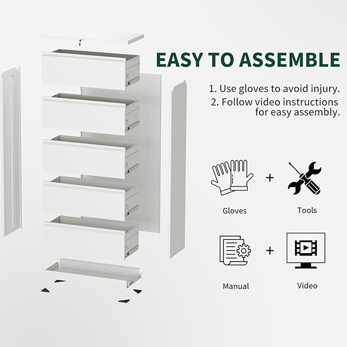 5 Drawer Lateral File Cabinet with Lock, File Cabinets for Home Office Legal/Letter A4 Size, File Cabinet Storage Cabinet, Require Assembly, White