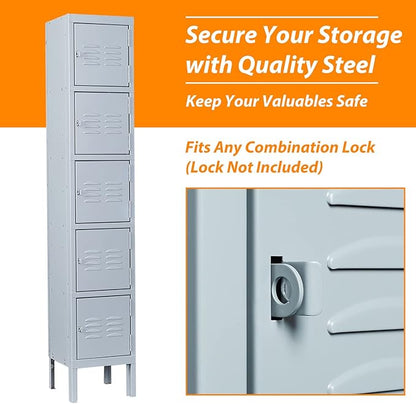 Metal Locker with 5 Doors, 5 Tier Steel Storage Lockers for School, Home, Office, Gym (Grey)