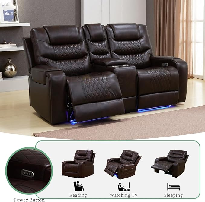 Power Recliner Sofa, 2-Seater Living Room Furniture Sets, Breathing Leather Power Reclining Loveseat with Cup Holder/LED Light/USB Port Sofa Couch for Living Room, Apartment, Office, Rv Car