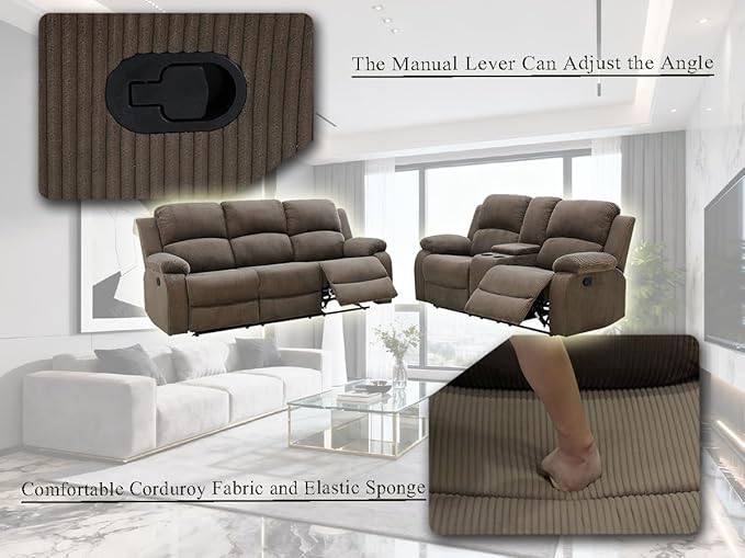 Corduroy Sectional Couch, Living Room Furniture Sets, 5PCS Brown Manual Reclining Sectional Sofa Set with Sofa Loveseat with 5 Recliner Seats, Drop-Down Table, Cup Holders, Storage Console