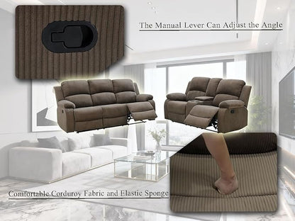 Corduroy Sectional Couch, Living Room Furniture Sets, 5PCS Brown Manual Reclining Sectional Sofa Set with Sofa Loveseat with 5 Recliner Seats, Drop-Down Table, Cup Holders, Storage Console