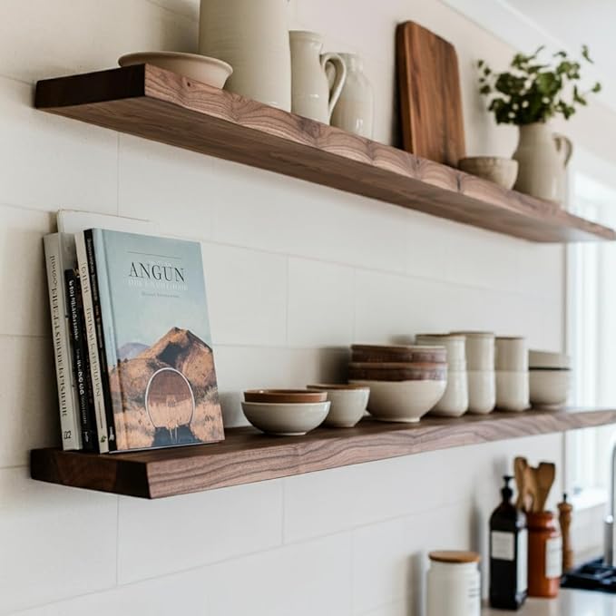 Floating Shelf Bracket - 43” Hidden Shelf Brackets, 150 LB Weight Capacity, for Shelves 43-60" Long, 3/4 Inch Industrial Solid Steel Support Rods Walnut Wood Works