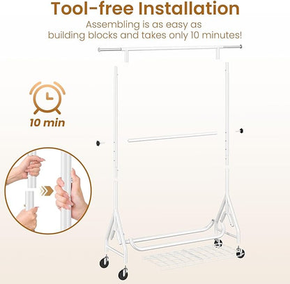 Double Rods Clothing Rack, Heavy Duty Clothes Rack for Hanging Clothes Load 560LBS, Metal Rolling Garment Racks with Wheels, Freestanding Clothes Hanging Racks, White