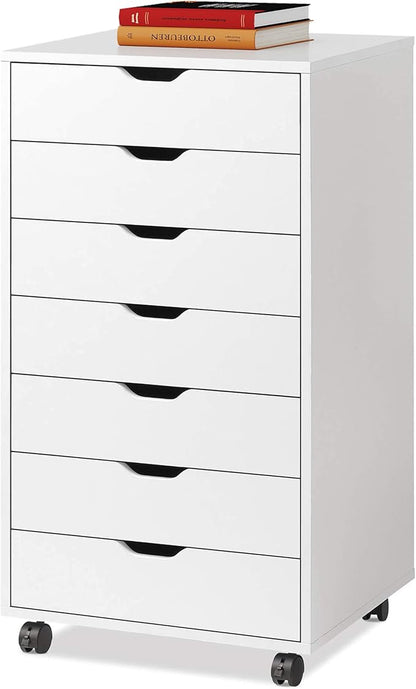 DEVAISE 7-Drawer Chest, Wood Storage Drawer File Cabinet with Wheels, White