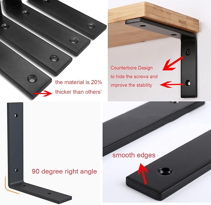 Heavy Duty Shelf Brackets 10 inch Rustic L Black Shelf Brackets 10 x 6 inches Metal Iron Industrial Shelf Bracket - L10 x H 6" x W 1.5" - 4 Pack