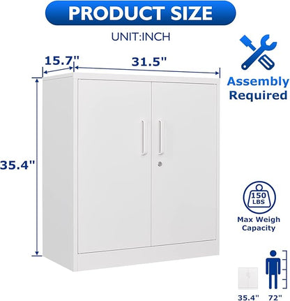 Metal Storage Cabinets with Locking Doors, 36 inch Lockable Steel Office Cabinet with Adjustable Shelves, Small Short Garage Caninet, White Locked Tool Caninets for Home, Office, Garage, Hallway