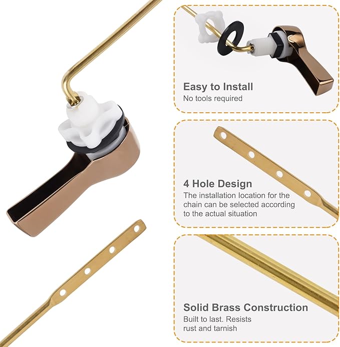 Hibbent Universal Metal Front Mount Toilet Handle Replacement Kit, Brass Toilet Flush Tank Lever with Stainless Steel Flapper Chains for Most Toilets, Rose Gold