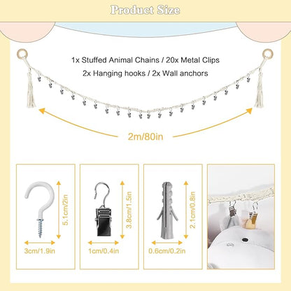 1/2 pcs 80" Cotton Hanging Storage Chain For Stuffed Animals Storage with 20 Metal Clips, Stuffed Animal Organizer Chain for Wall Corner Nursery Play Room, White