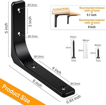 4 PCS Iron Wall Shelf Bracket, 6 x 5 Inch Heavy Duty Shelf Support Bracket Decorative Joint Angle Bracket, Matte Black
