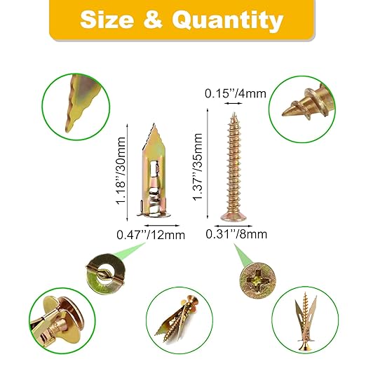 160 PCS Drywall Self Drilling Anchors with Screws Kit,80 PCS Sheetrock Anchors (0.47X1.18inch) and 80 PCS Screws, Eliminating the Need for Drilling or Punching Holes in the wall.