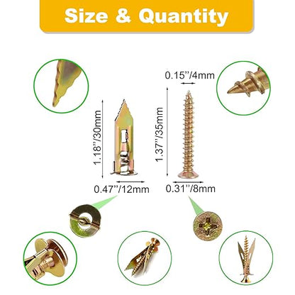 160 PCS Drywall Self Drilling Anchors with Screws Kit,80 PCS Sheetrock Anchors (0.47X1.18inch) and 80 PCS Screws, Eliminating the Need for Drilling or Punching Holes in the wall.